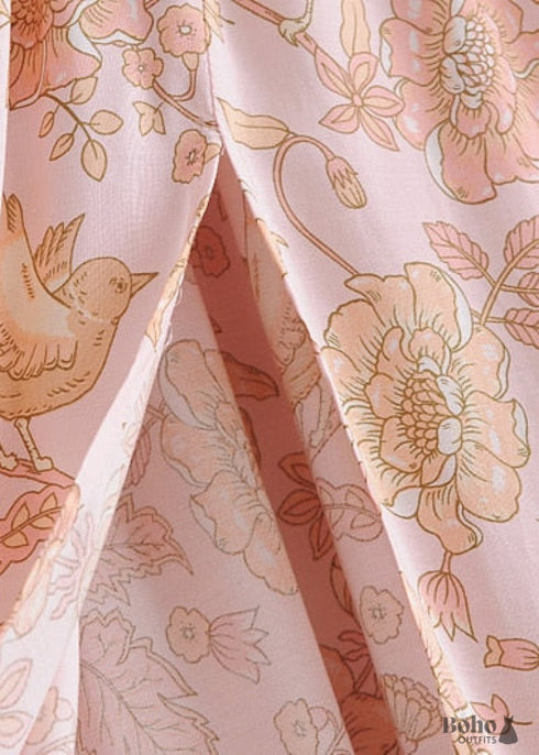 Boho Skirts in Smocked Waist, Bird Garden in Pink Apricot For Women