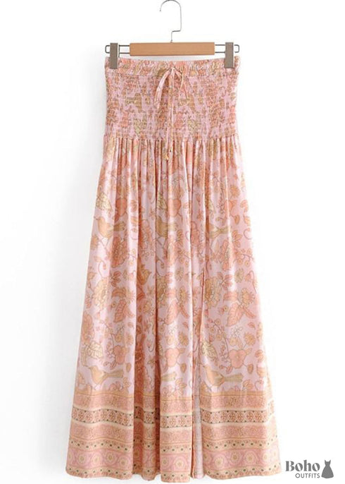 Boho Skirts in Smocked Waist, Bird Garden in Pink Apricot For Women