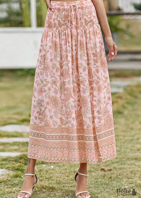 Boho Skirts in Smocked Waist, Bird Garden in Pink Apricot For Women