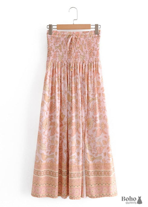 Boho Skirts in Smocked Waist, Bird Garden in Pink Apricot For Women