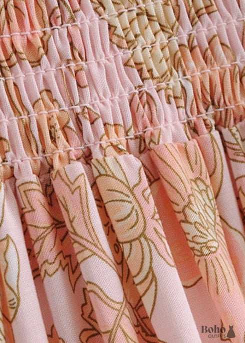 Boho Skirts in Smocked Waist, Bird Garden in Pink Apricot For Women