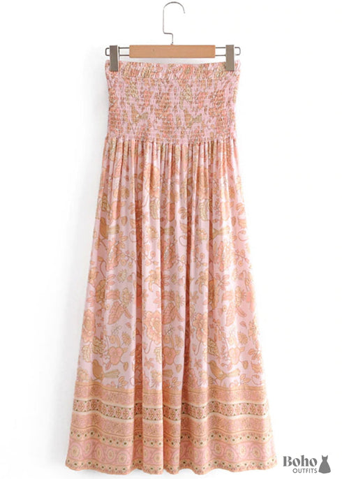 Boho Skirts in Smocked Waist, Bird Garden in Pink Apricot For Women