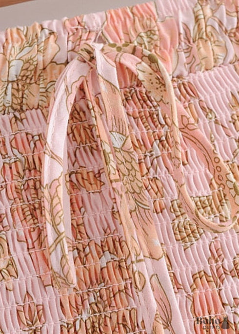 Boho Skirts in Smocked Waist, Bird Garden in Pink Apricot For Women