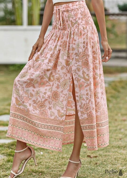 Boho Skirts in Smocked Waist, Bird Garden in Pink Apricot For Women