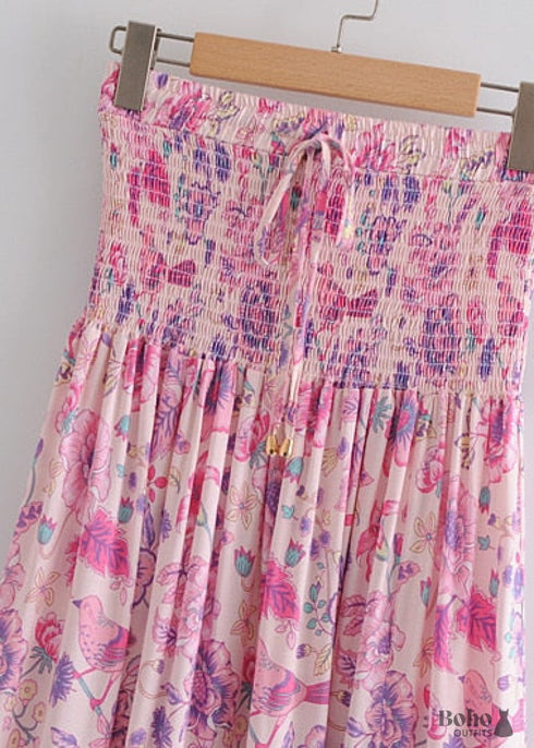 Faldas bohemias con cintura fruncida, estilo Bird Garden en rosa y morado para mujer