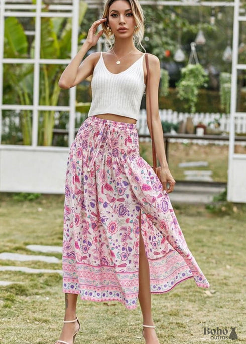 Faldas bohemias con cintura fruncida, estilo Bird Garden en rosa y morado para mujer