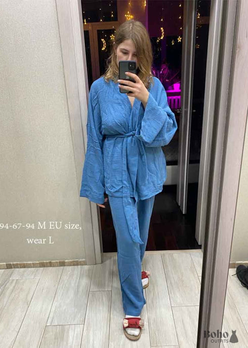 Boho Sleepwear, Pajamas Set, Emily Cotton in Blue and Navy