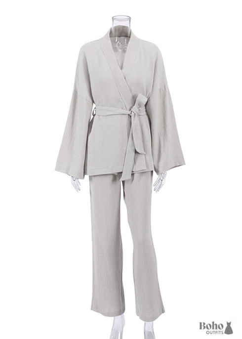 Boho Sleepwear, Pajamas Set, Emily Cotton in Green, Brown and Gray