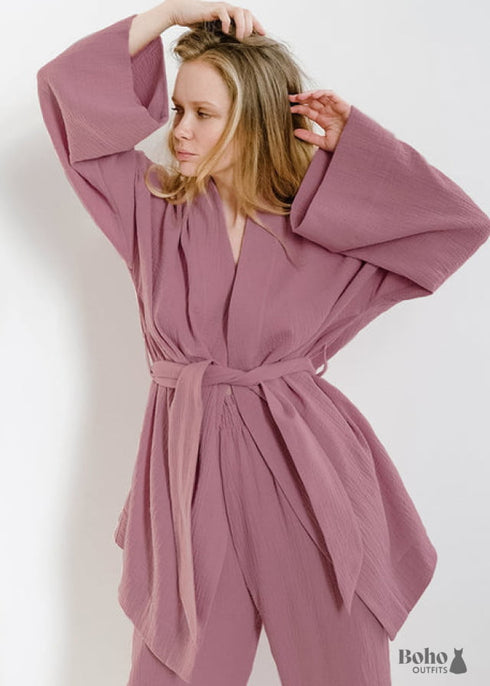 Boho Sleepwear, Pajamas Set, Emily Cotton in Green, Brown and Gray