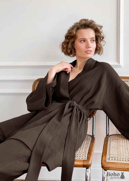 Boho Sleepwear, Pajamas Set, Emily Cotton in Green, Brown and Gray