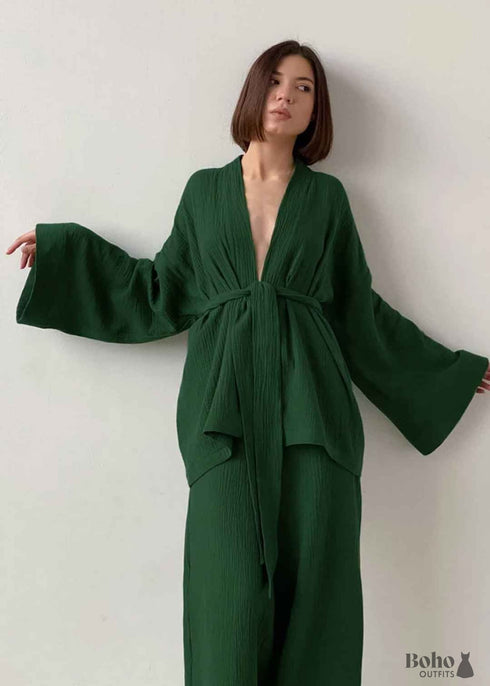 Boho Sleepwear, Pajamas Set, Emily Cotton in Green, Brown and Gray