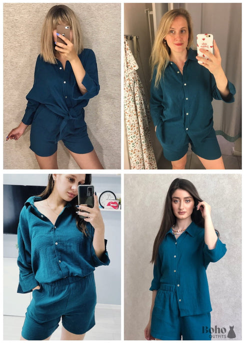 Conjunto de pijama bohemio Lucy Cotton en gris y verde