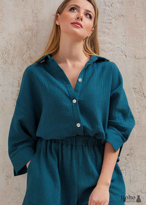 Conjunto de pijama bohemio Lucy Cotton en gris y verde