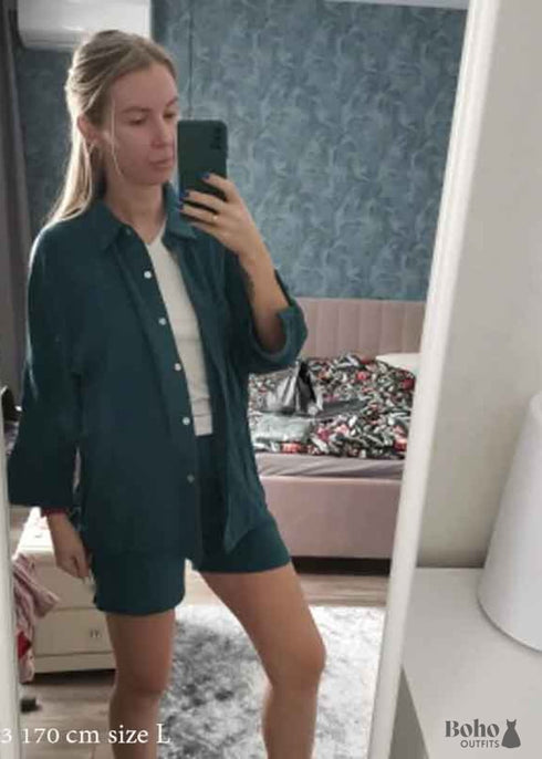 Conjunto de pijama bohemio Lucy Cotton en gris y verde