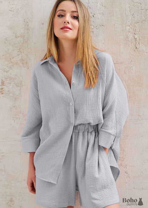 Conjunto de pijama bohemio Lucy Cotton en gris y verde