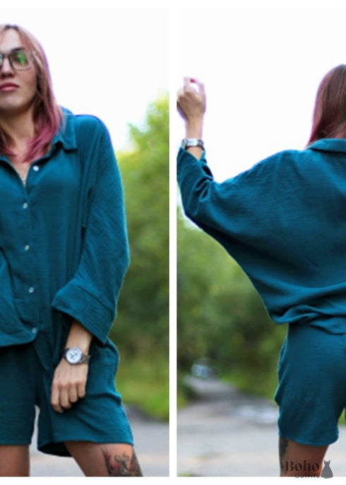 Conjunto de pijama bohemio Lucy Cotton en gris y verde