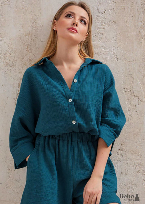 Conjunto de pijama bohemio Lucy Cotton en gris y verde