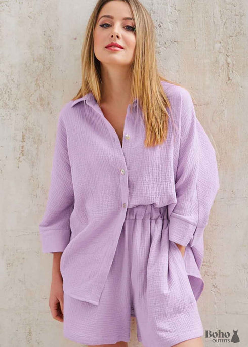Conjunto de pijama bohemio Lucy Cotton en rosa y morado.