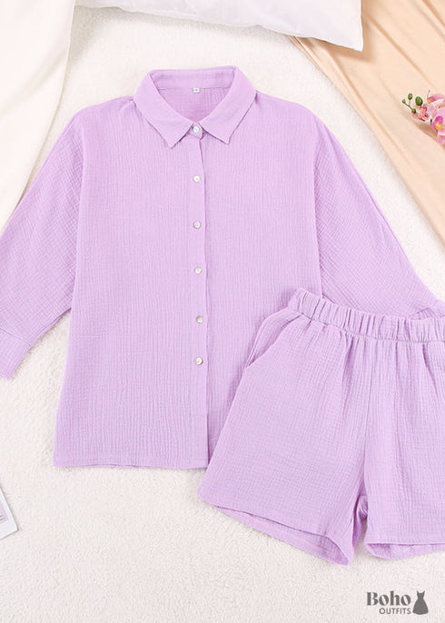 Conjunto de pijama bohemio Lucy Cotton en rosa y morado.