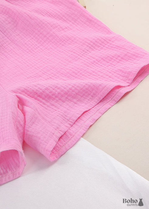 Conjunto de pijama bohemio Lucy Cotton en rosa y morado.