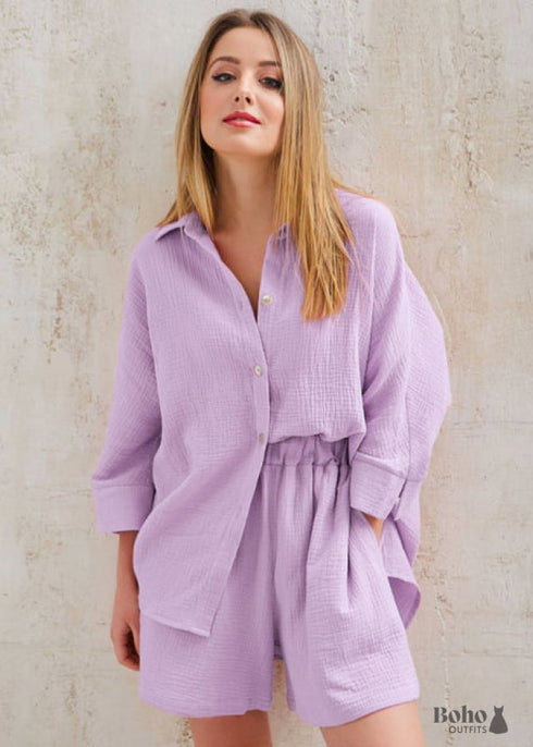 Conjunto de pijama bohemio Lucy Cotton en rosa y morado.