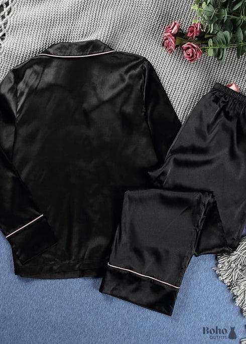 Pijama bohemio, conjunto de pijama de satén con corazón negro