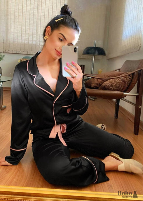 Pijama bohemio, conjunto de pijama de satén con corazón negro