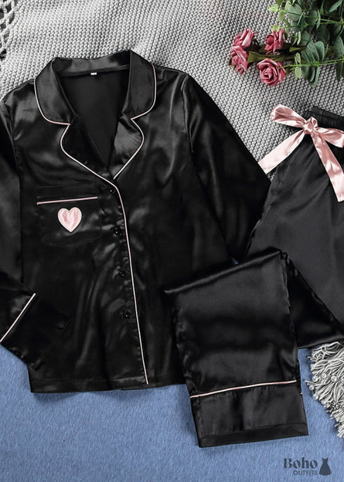 Pijama bohemio, conjunto de pijama de satén con corazón negro