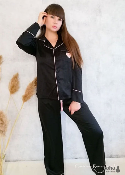 Pijama bohemio, conjunto de pijama de satén con corazón negro