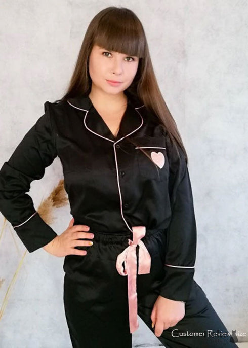 Pijama bohemio, conjunto de pijama de satén con corazón negro