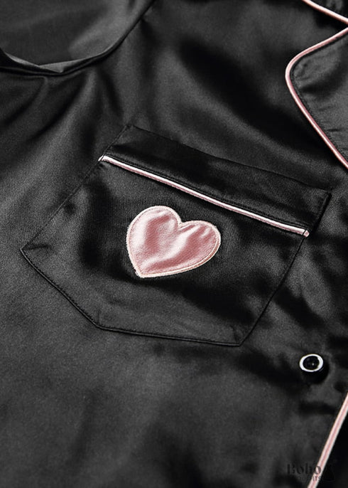 Pijama bohemio, conjunto de pijama de satén con corazón negro