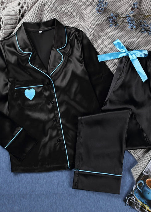 Pijama bohemio, conjunto de pijama de satén con corazón negro