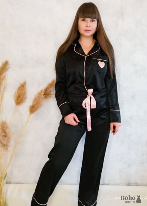 Pijama bohemio, conjunto de pijama de satén con corazón negro