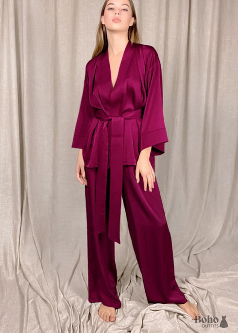 Boho Sleepwear, Pajamas Set, PJ Satin Clementine in Black, Navy, Gray and Red