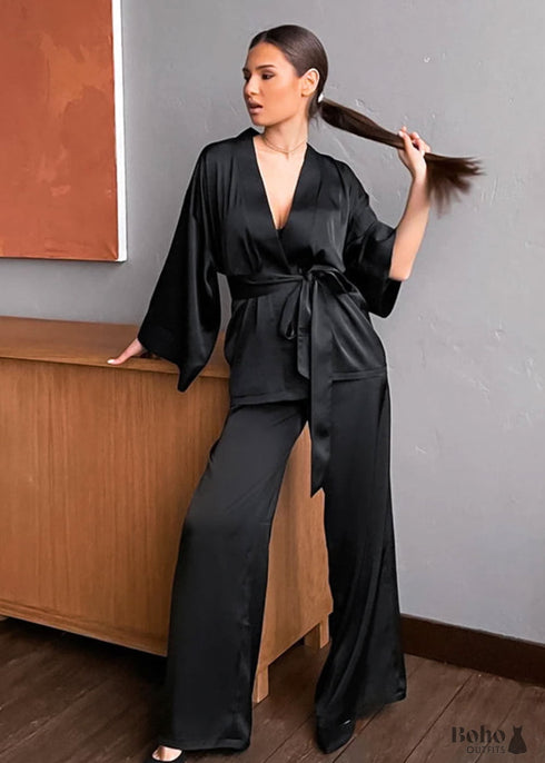 Boho Sleepwear, Pajamas Set, PJ Satin Clementine in Black, Navy, Gray and Red