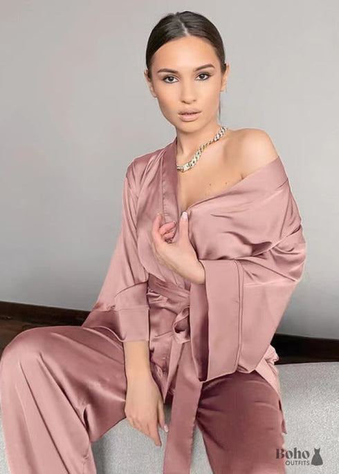 Boho Sleepwear, Pajamas Set, PJ Satin Clementine in Black, Navy, Gray and Red