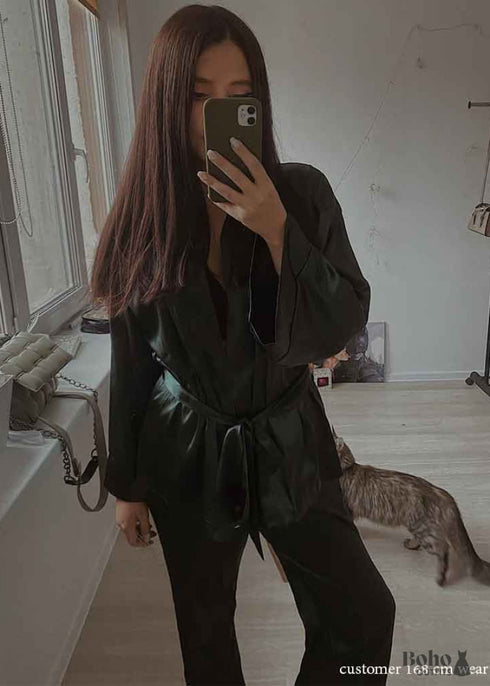 Pijama bohemio, conjunto de pijama de satén Clementine en azul y verde