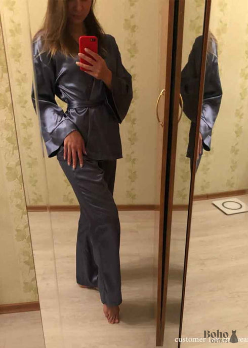 Pijama bohemio, conjunto de pijama de satén Clementine en azul y verde