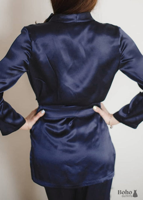 Boho Sleepwear, Pajamas Set, PJ Satin Francine in Navy, Brown and Black