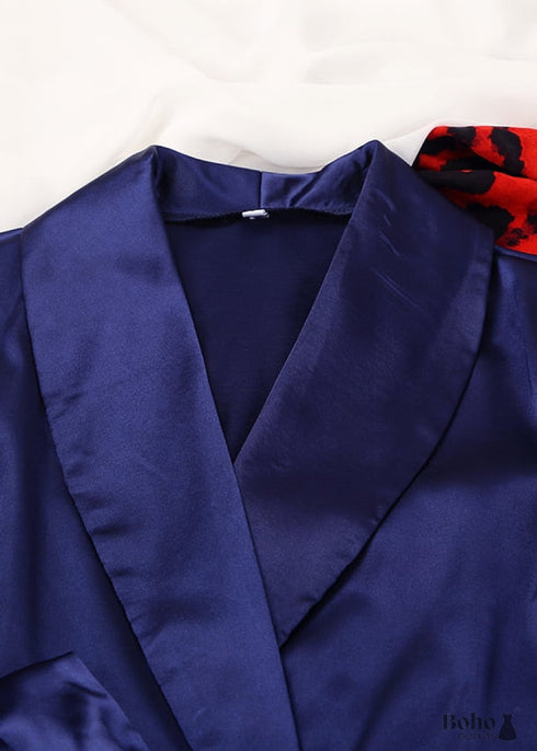 Boho Sleepwear, Pajamas Set, PJ Satin Francine in Navy, Brown and Black