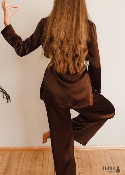 Boho Sleepwear, Pajamas Set, PJ Satin Francine in Navy, Brown and Black