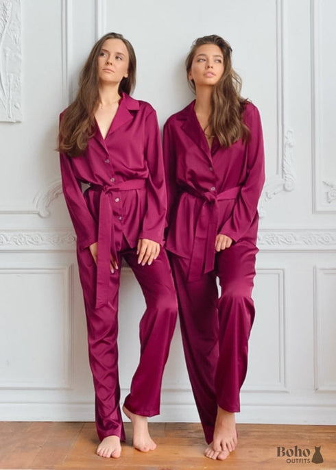 Pijama bohemio, conjunto de pijama de satén Francine en rojo