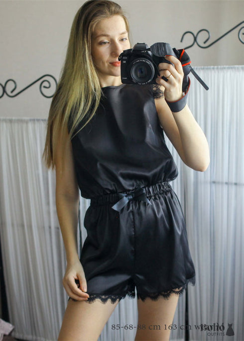 Pijama bohemio, conjunto de pijama de satén Jeanne negro y rosa