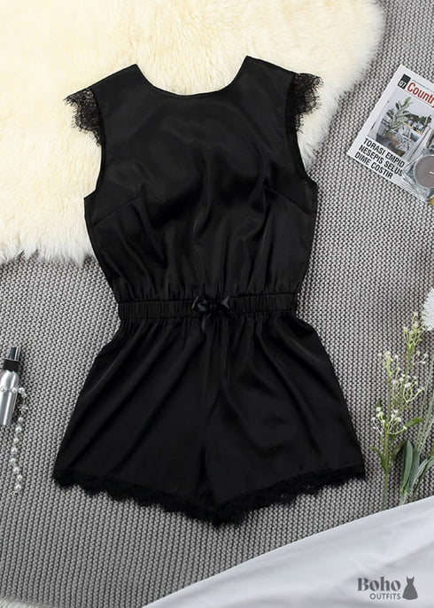 Pijama bohemio, conjunto de pijama de satén Jeanne negro y rosa