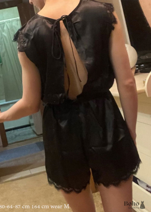 Pijama bohemio, conjunto de pijama de satén Jeanne negro y rosa