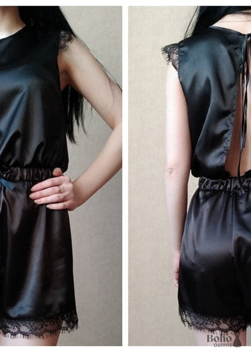 Pijama bohemio, conjunto de pijama de satén Jeanne negro y rosa