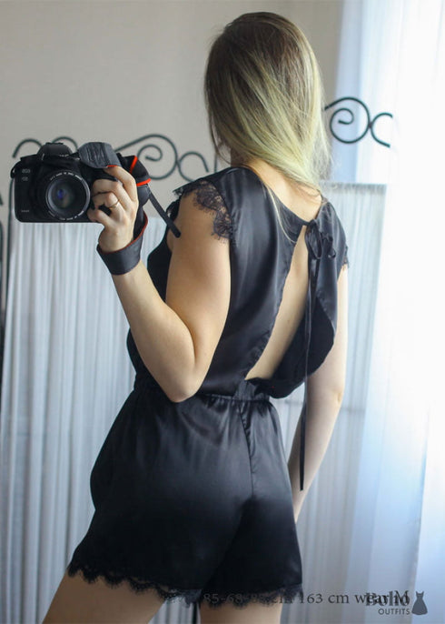 Pijama bohemio, conjunto de pijama de satén Jeanne negro y rosa