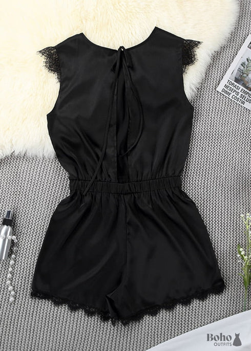 Pijama bohemio, conjunto de pijama de satén Jeanne negro y rosa