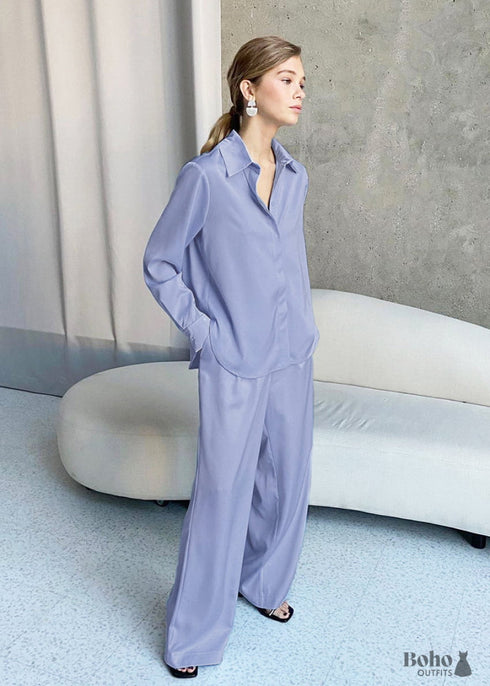 Pijama bohemio, conjunto de pijama de satén Lucy en azul