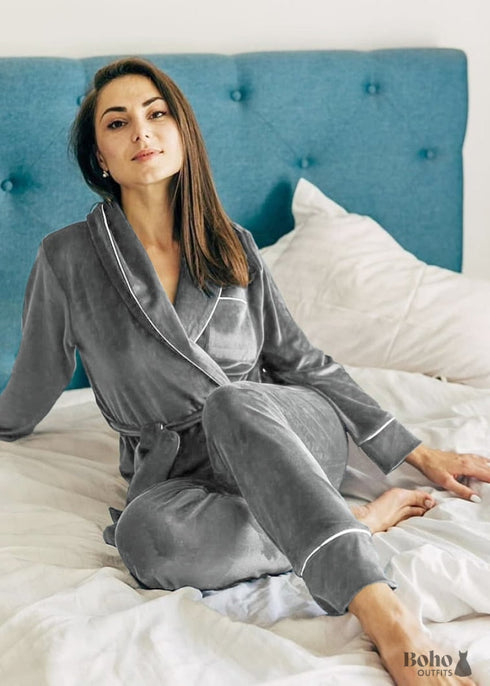 Pijama bohemio, conjunto de pijama de terciopelo Denise en gris y rosa.